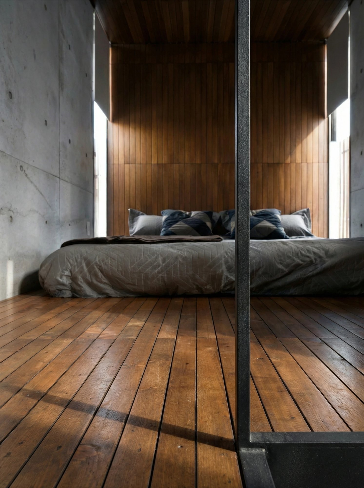 Cama e piso de madeira